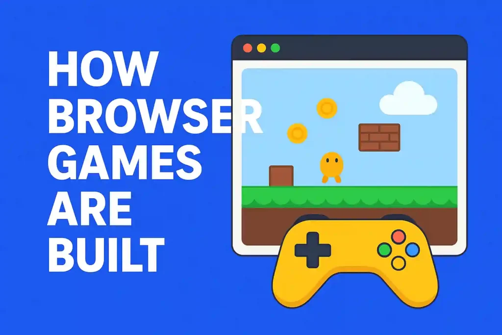 Flat-style illustration with the title “How Browser Games Are Built” on a blue background. A web browser window shows a simple 2D platformer game scene with a character, coins, a brick block, and a cloud. A yellow game controller is placed in the foreground.