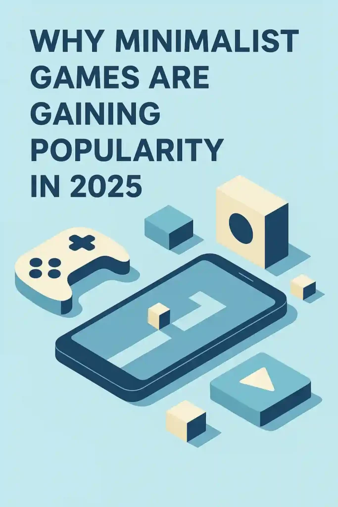 Isometric 3D illustration with the title “Why Minimalist Games Are Gaining Popularity in 2025.” The design shows a smartphone displaying a simple block game, a minimalist game controller, cubes, and a play button icon, all in light blue, dark blue, and beige tones on a clean background. Minimalist games, AAA studio, indie developer jobs, accessible, aklic