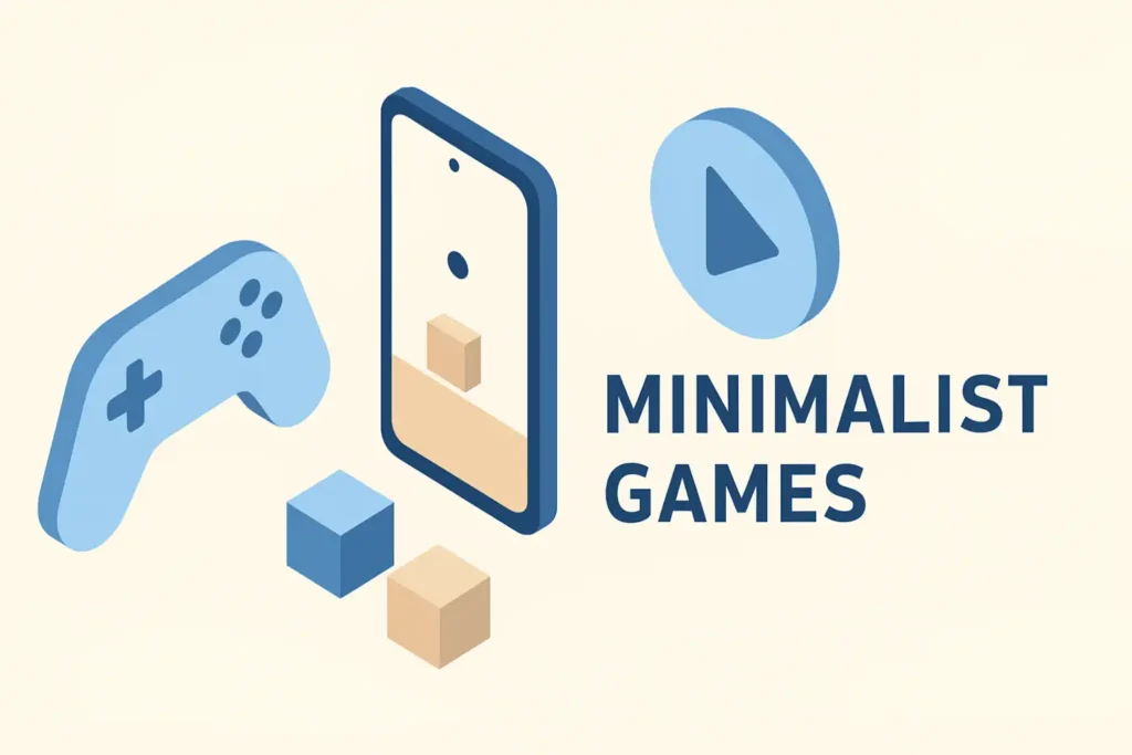 Isometric illustration labeled “Minimalist Games.” It features a blue game controller, a smartphone screen showing a simple cube game, a large play button icon, and small beige and blue cubes, all arranged on a clean beige background. Minimalist games, AAA studio, indie developer jobs, accessible, aklic
