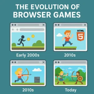 Infographic titled 'The Evolution of Browser Games' showing four eras: early 2000s with a stick figure running and collecting coins, 2010s with an HTML5 symbol and simple platformer, another 2010s example with a character shooting a bow, and today with two detailed characters battling in a multiplayer scene.