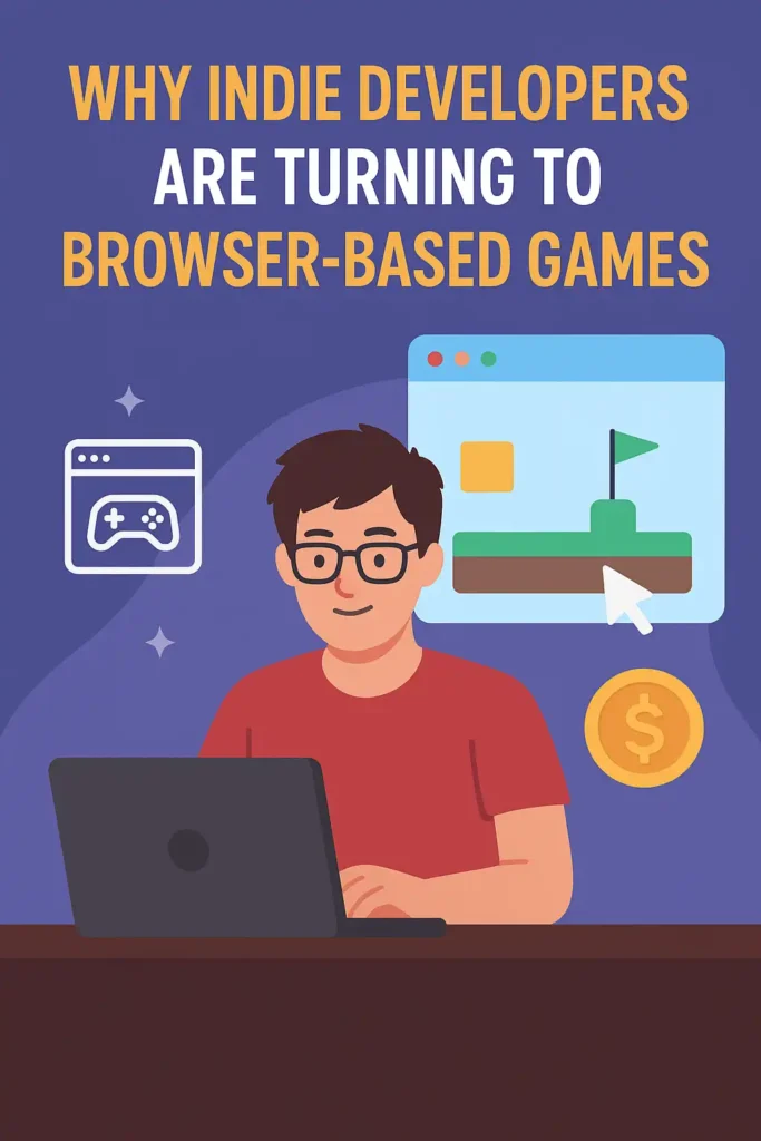 Illustration of an indie game developer working on a laptop with browser game icons, a game preview window, and a coin symbol, representing the rise of browser-based games.