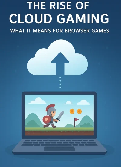 Cloud Illustration of cloud gaming concept showing a glowing cloud icon above a laptop screen displaying a cartoon knight running in a side-scrolling game, with the text 'The Rise of Cloud Gaming: What It Means for Browser Games' at the top.